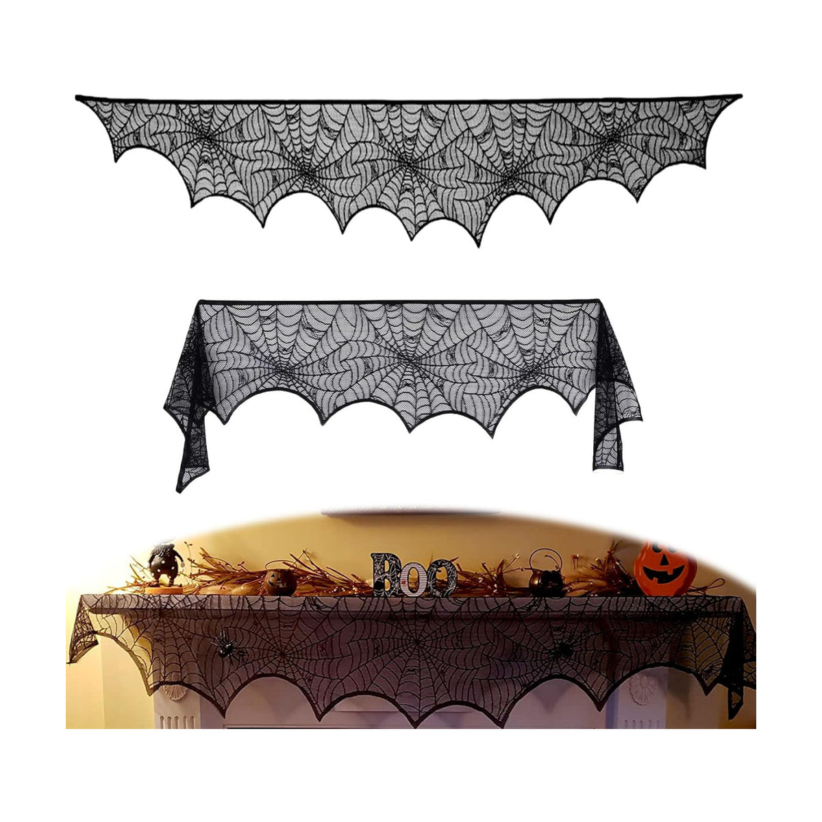 2-Pcs Halloween Fireplace Decorations - 18x98 Inch Black Lace Spiderweb Mantel Scarf Cover for Stair Handrails Door Curtains Spooky Party Supplies Haunted House Indoor Outside Decor Set