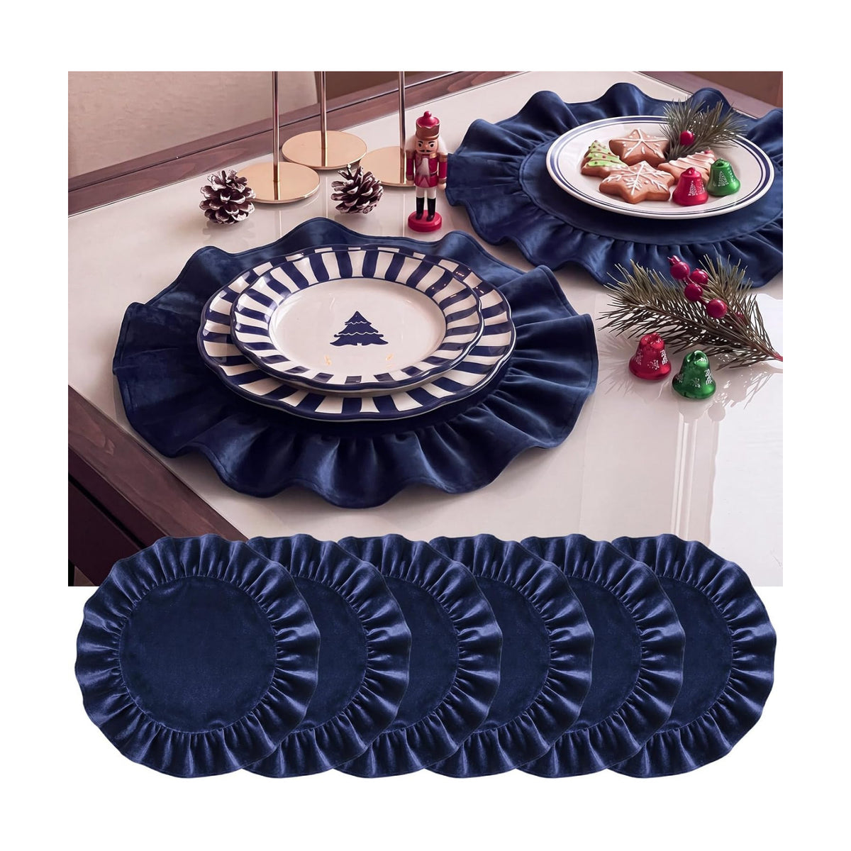 FoldTier 6 Pcs Christmas Navy Blue Velvet Placemat Round Ruffles Placemat