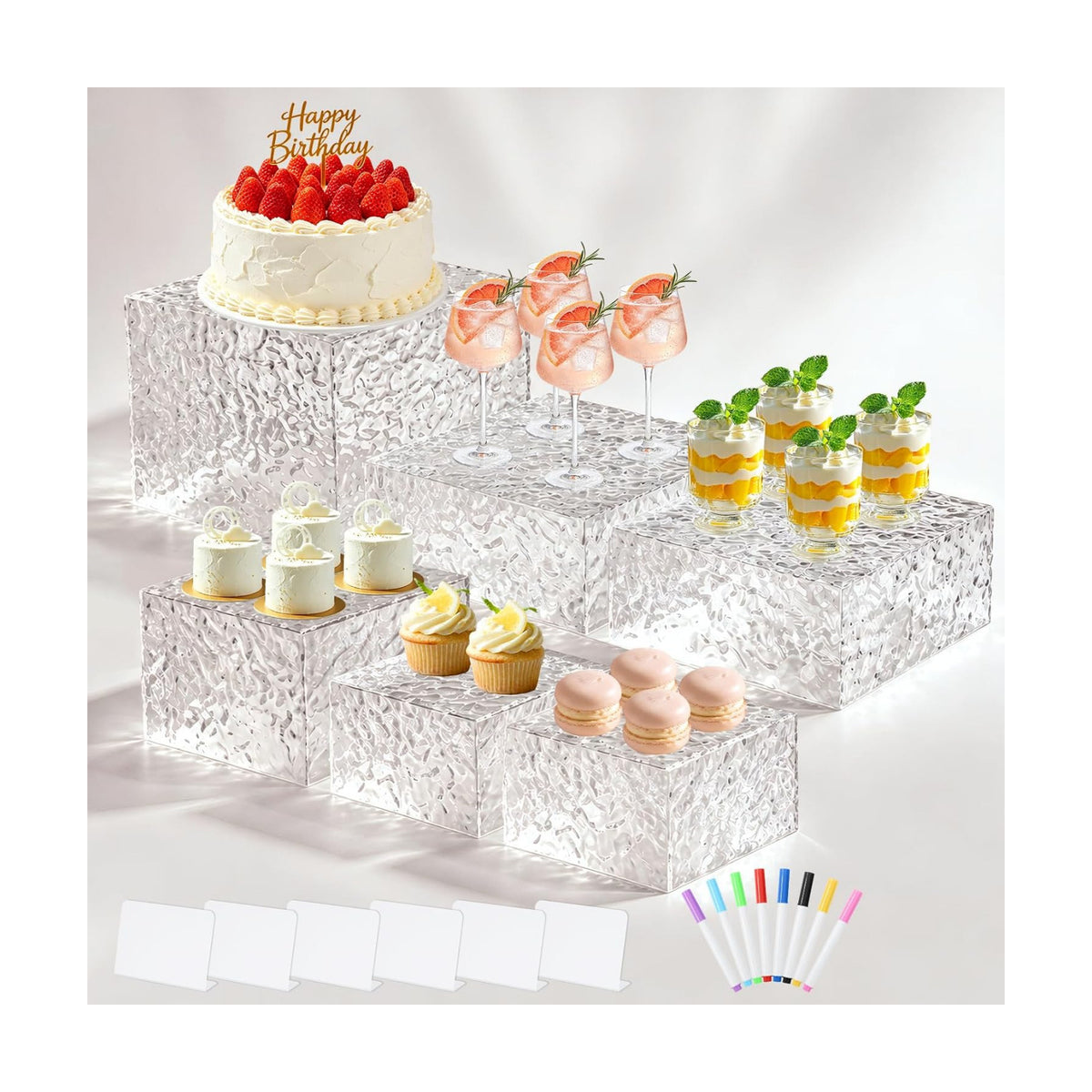 Acrylic Buffet Risers with Mini Sign and Maker, Clear Hammered Water Ripple Dessert Display Stands for Catering Cakes