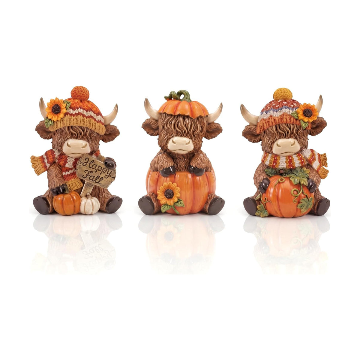 Simgoing 3 Pcs Happy Fall Highland Cow Figurines Pumpkin and Sunflower Cow
