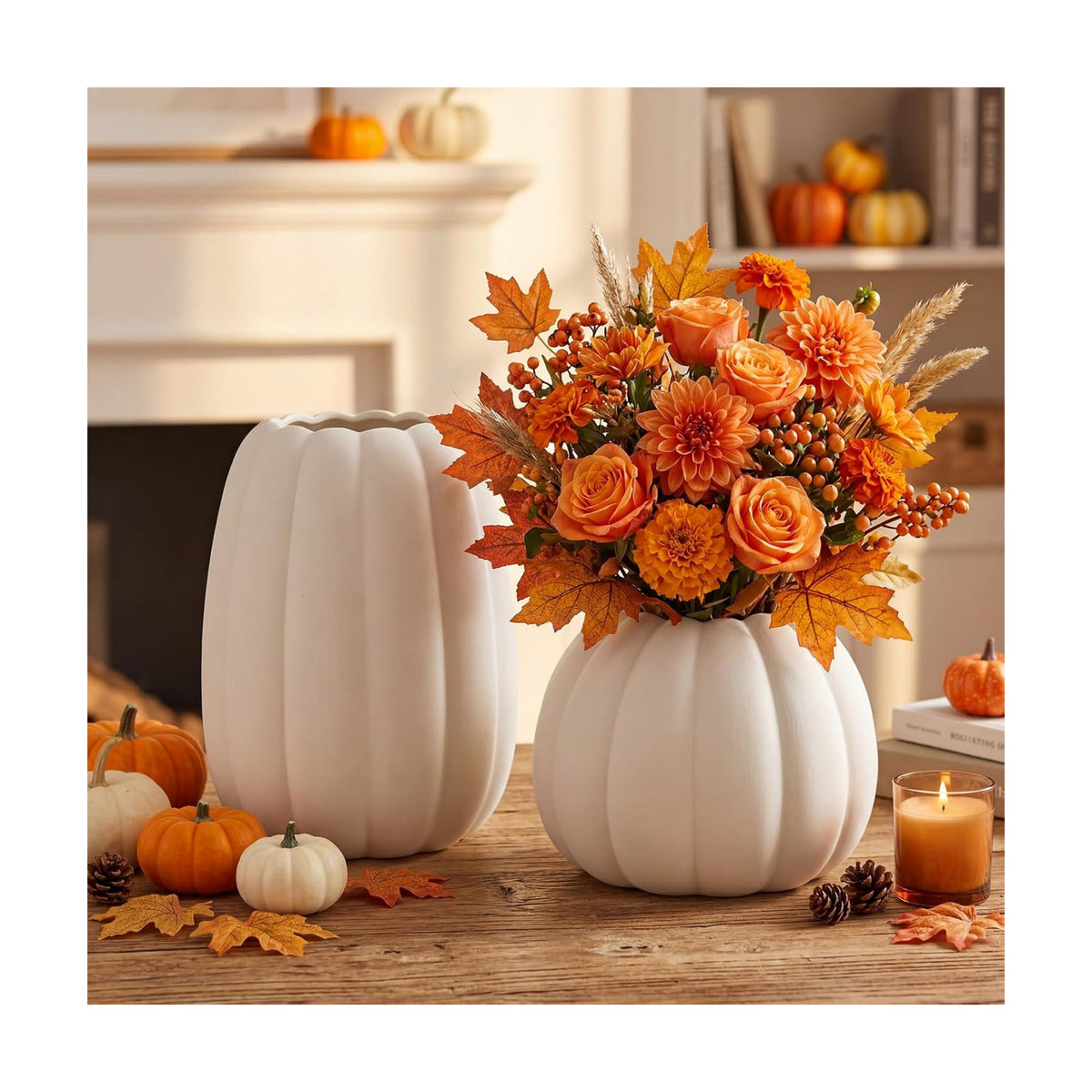 FoldTier 2pcs Fall Pumpkin Vase Ceramic Fall Table Decor Centerpieces Thanksgiving White Pumpkin Vases Centerpiece Autumn Harvest Decorations for Home Indoor Dining Room Kitchen Office