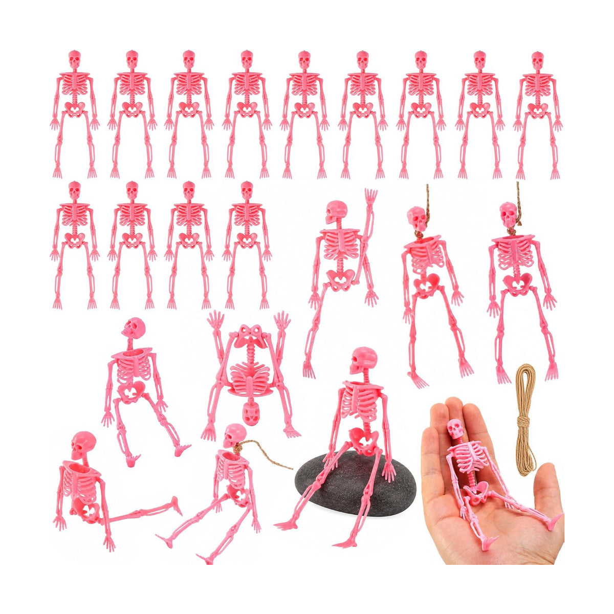 24 Pcs Pink Halloween Mini Skeleton, 6" Posable Skeleton Hanging Decor