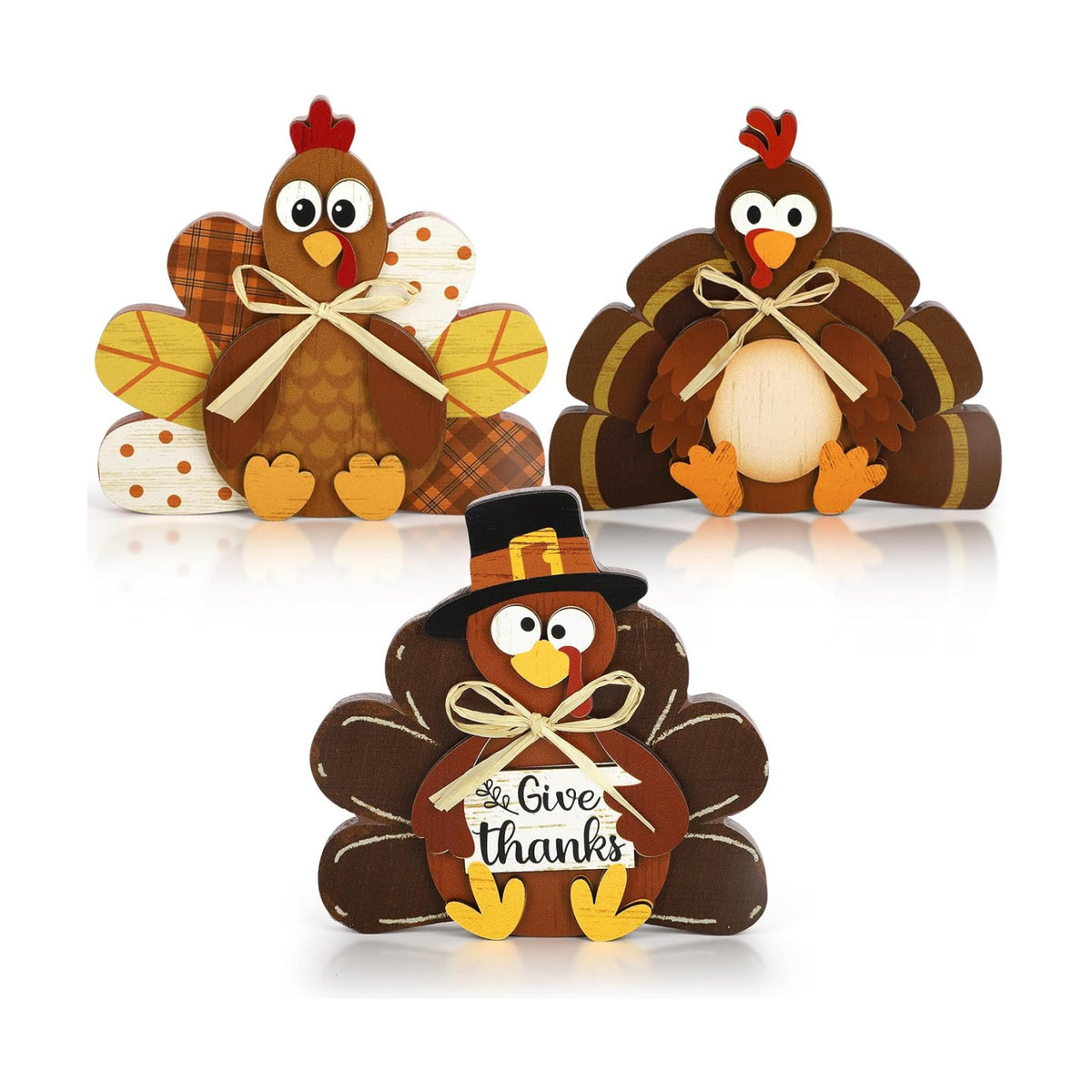3 Pcs Thanksgiving Decorations for Home Wooden Turkey Table Centerpiece Rustic Wood Signs Block Harvest Tabletop Fall Decor Indoor Tiered Tray Office Desk Shelf Mantel Kitchen Autumn Party Supplies
