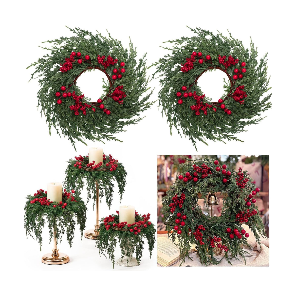 4 Pcs Mini Christmas Cedar with Berries Wreaths 12" Drop Wreath