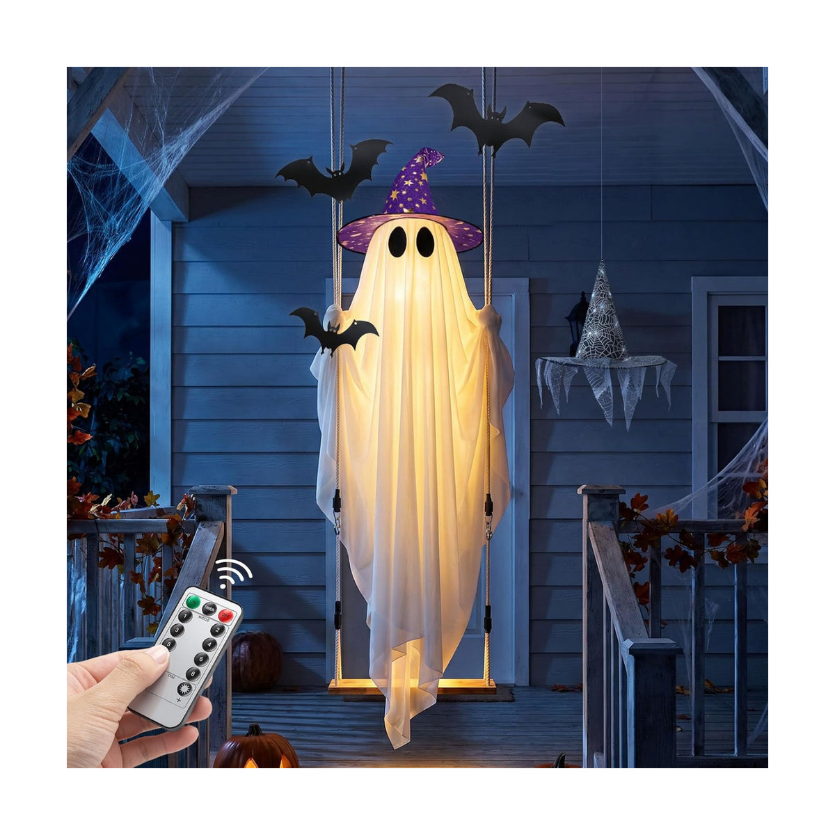 Halloween Ghost Decor with Bat & Hat - 11 FT Large Hanging Swinging Ghost
