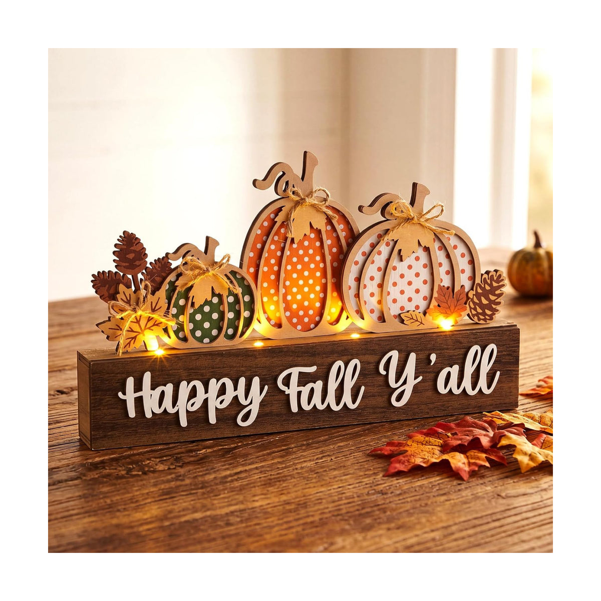 Patelai Fall Pumpkin Decor with LED Lights Orange Pumpkin Table Block Sign Lighted Fall Tiered Tray Decorations Wooden Thanksgiving Table Centerpiece Decor for Farmhouse Harvest Party Home Shelf