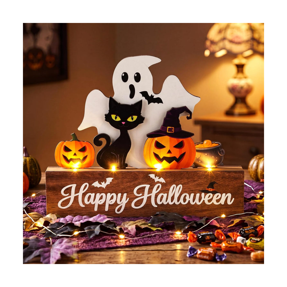 Patelai Halloween Table Decoration with LED Lights Wood Pumpkin Ghost Signs