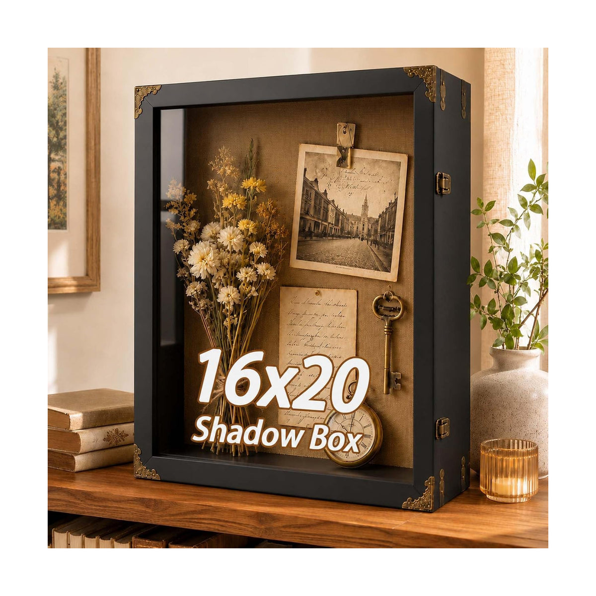 16x20x4.7 Inch Large Shadow Box Frame, 3.5-Inch Deep (Rustic Black) | Tempered glass, solid wood and linen backing for