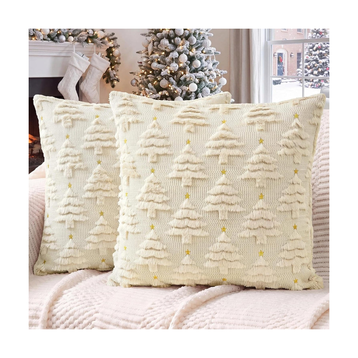 Softalker Christmas Pillow Covers 20x20 Set of 2, Beige Xmas Tree Decor
