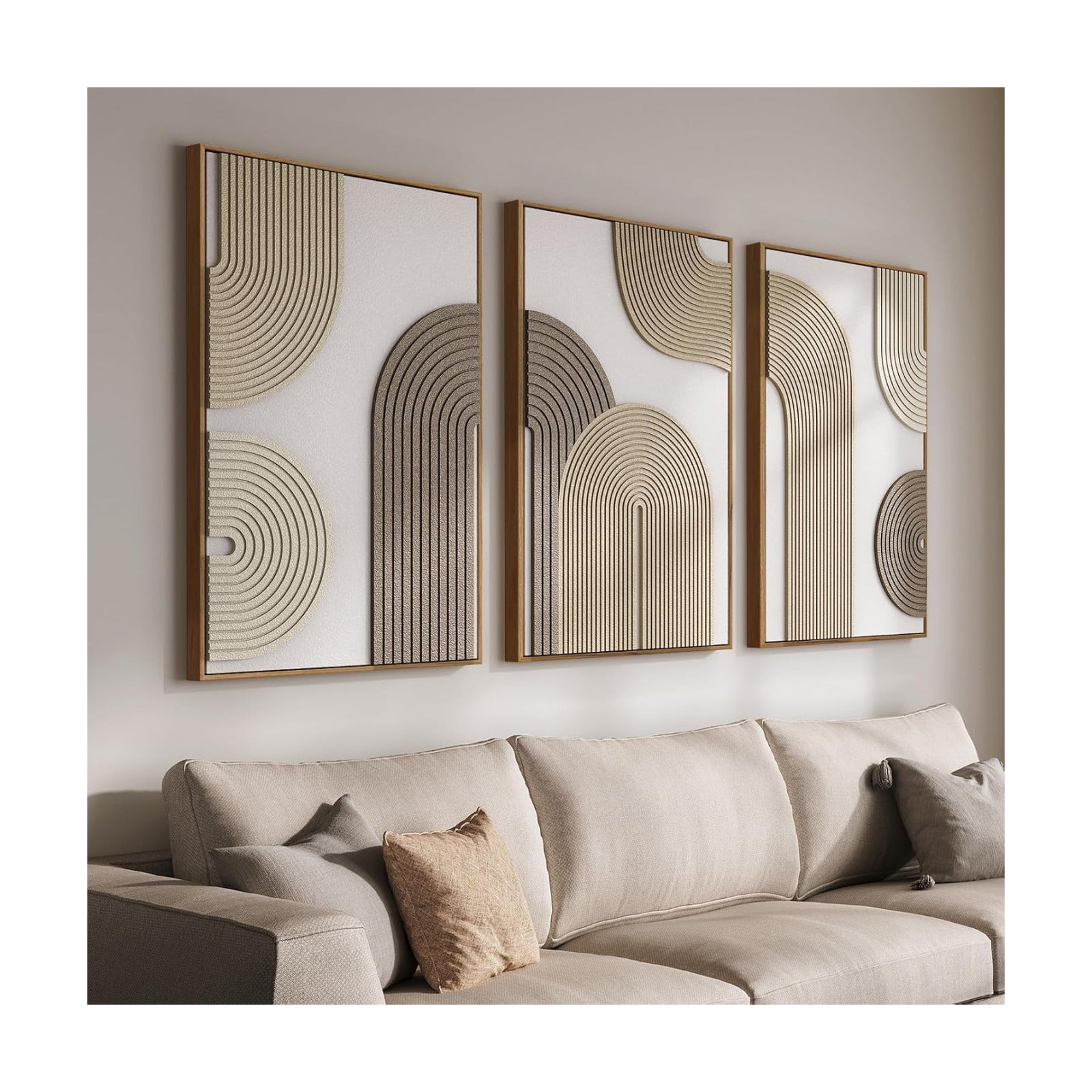 Large 3D Textured Framed Boho Neutral Abstract Wall Art, 3 Piece 24x36 inch