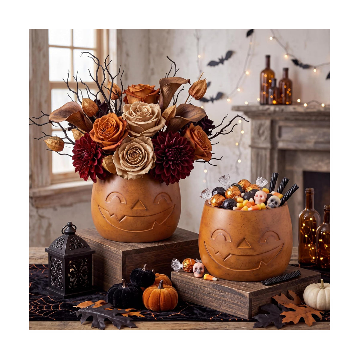 2 Pcs Halloween Terracotta Jack-o'-Lantern Pumpkin Bucket Vase Decor
