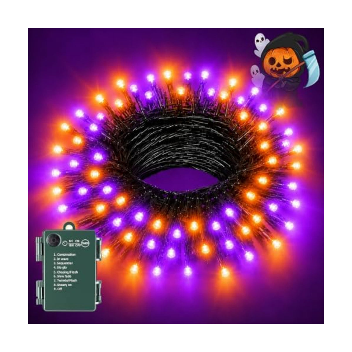 Orange Purple Halloween Lights String Waterproof for Halloween Decorations, Timer 8 Modes Battery Operated String Lights 50LED 17FT for Indoor and Outdoor