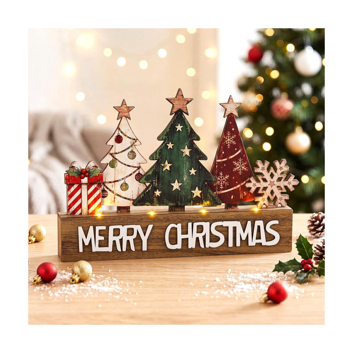 Patelai Lighted Christmas Tree Table Decor, Rustic Wooden Tree with LED