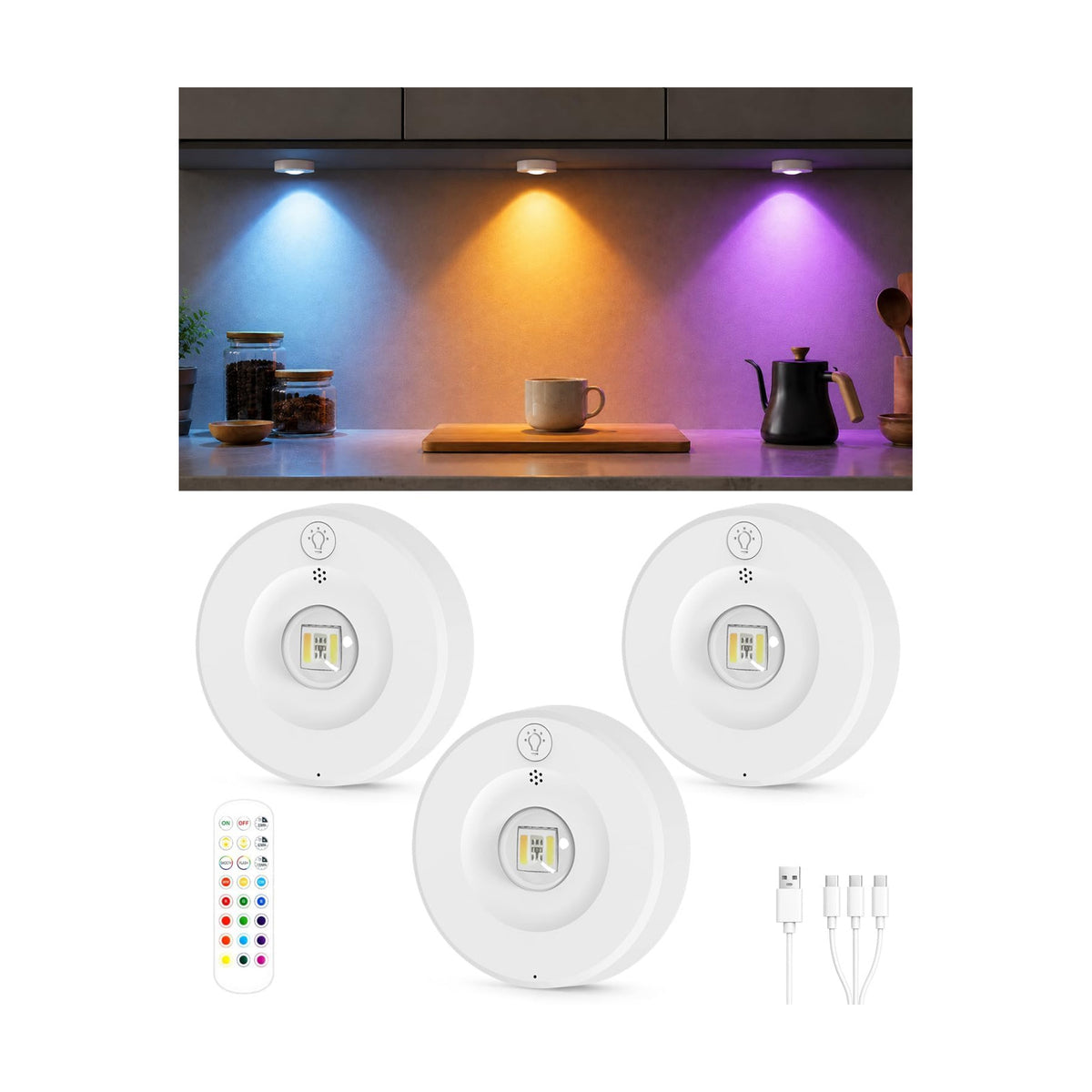 Yiliaw Under Cabinet Rechargeable Puck Lights with Remote Control,Multi-Use Under Cabinet Lighting for Kitchen