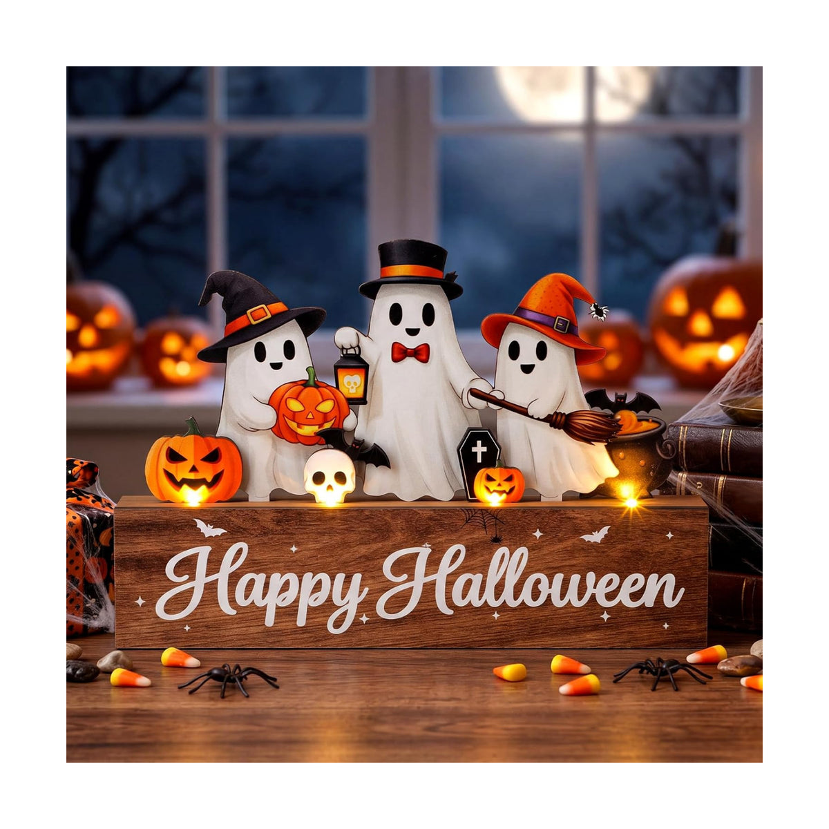 Patelai Halloween Table Decoration with LED Lights Wood Pumpkin Ghost Signs