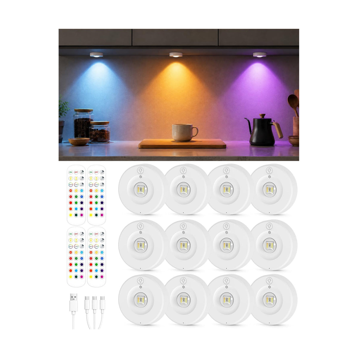 Yiliaw Under Cabinet Rechargeable Puck Lights with Remote,Multi-Use Under Cabinet Lighting for Kitchen