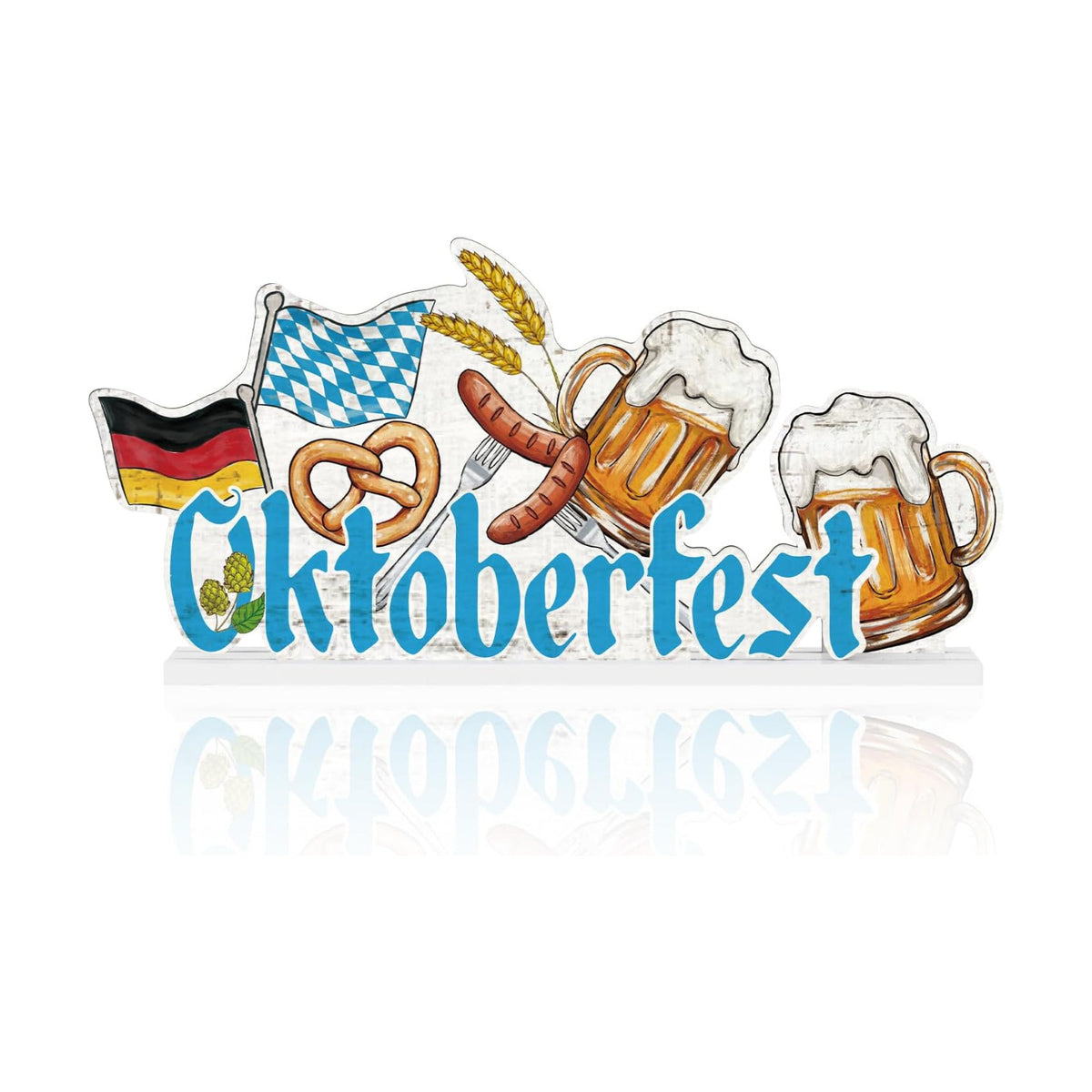 Smile Oktoberfest Wooden Standing Decor, German Flag Pretzel Beer Mug Tiered Tray Tabletop Signs with Stands for Home Bar Party Decor