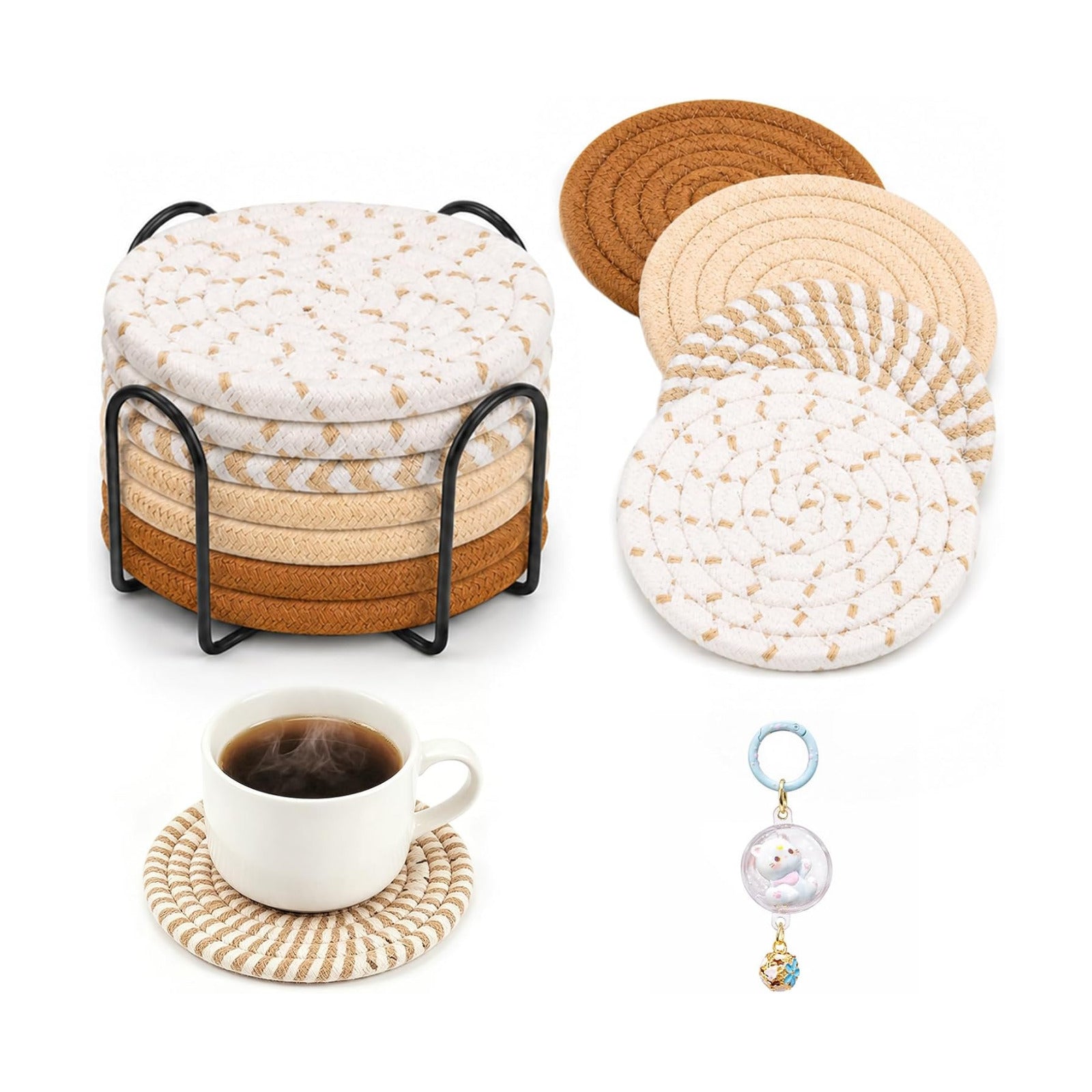 Holder / Crochet Style Boho Coffee Bar Accessories for Mugs / Brown / Set of 8