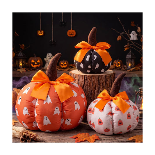 Gilprop 3 Pcs Ghost Halloween Fabric Pumpkins Decor with Bow, 3 Sizes
