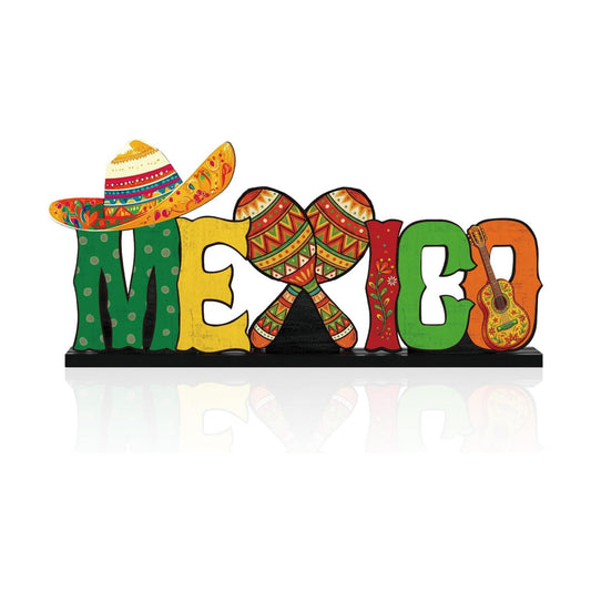 Smile Mexican Independence Day Wooden Standing Decor Sombrero Maracas Guitar Tiered Tray Tabletop Signs with Stands for Home and Party Decor