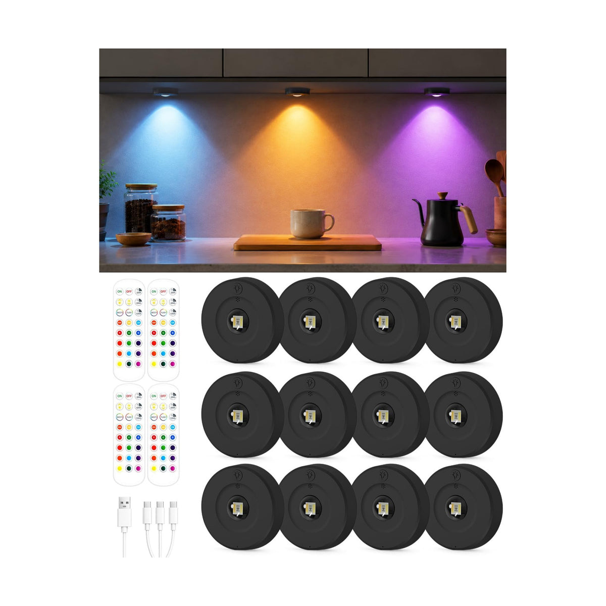 Yiliaw Under Cabinet Rechargeable Puck Lights with Remote Control,Multi-Use Under Cabinet Lighting for Kitchen