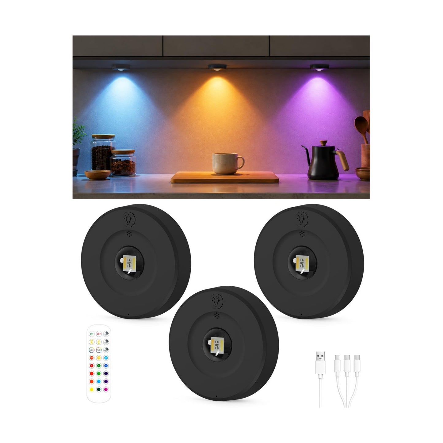 Yiliaw Under Cabinet Rechargeable Puck Lights with Remote Control,Multi-Use Under Cabinet Lighting for Kitchen