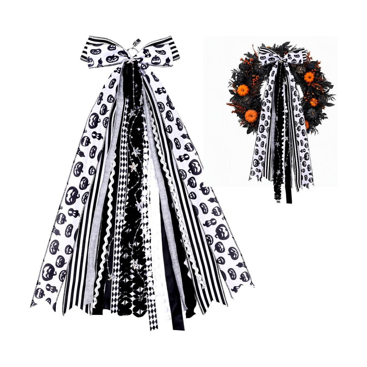 Halloween Bow Black Wreath Sash for Front Door Halloween Tree Decorations