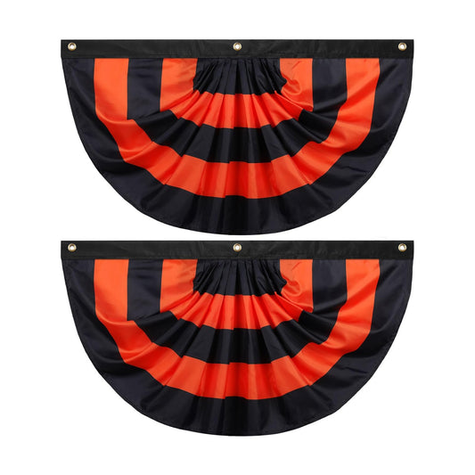 Newwiee 2 Pcs 6 x 3 ft Halloween Flag Bunting Half Fan Hanging Pleated Flag Banner with 3 Grommets for Halloween Indoor Outdoor House Party Holiday Yard Decorations Props, Black Orange