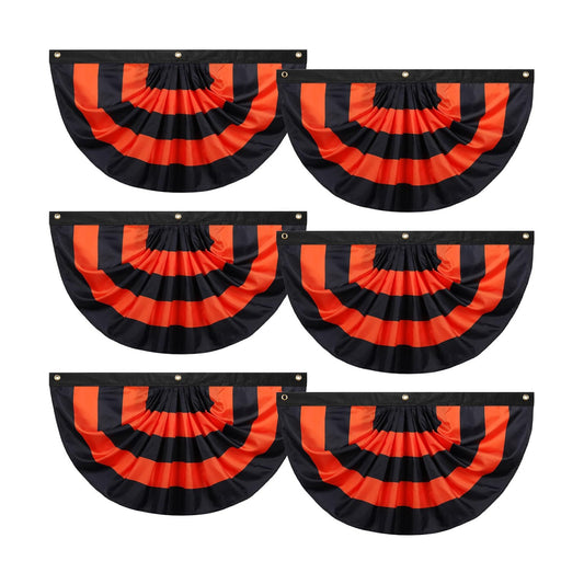 Newwiee 6 Pcs 3 x 6 ft Halloween Flag Bunting Half Fan Hanging Pleated Flag Banner with 3 Grommets for Halloween Indoor Outdoor House Party Holiday Yard Decorations Props, Black Orange