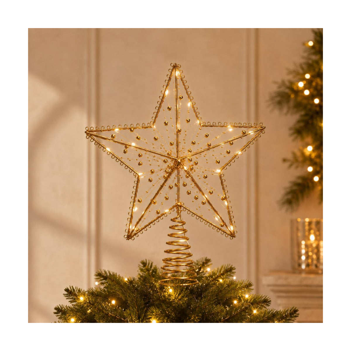 Noiclub Christmas Tree Topper Star 10" Metal Gold Beaded Star with 6H Timer
