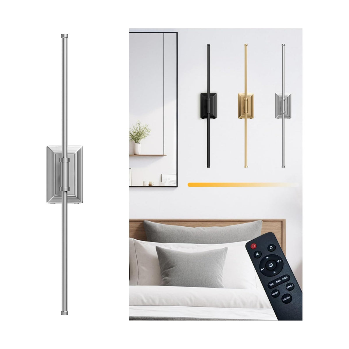 Battery Operated Wireless Wall Sconce - Rechargeable Led Sconces Set of 1 | Modern in Black Gold Silver - Bedroom Decor