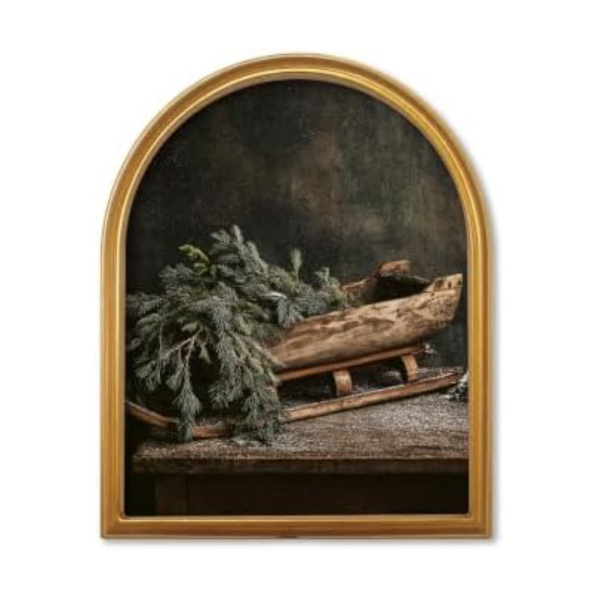 TwoDays Vintage Christmas Sled Pine 11" x 13.8" Gold Arched Framed Wall Art