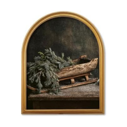 TwoDays Vintage Christmas Sled Pine 11" x 13.8" Gold Arched Framed Wall Art