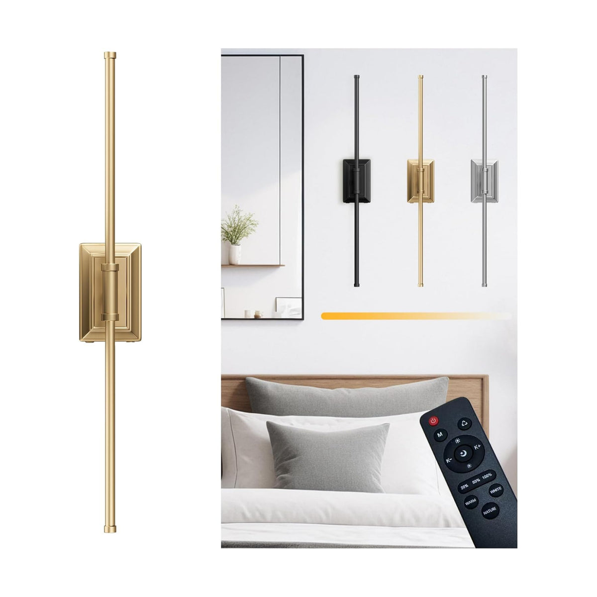 Battery Operated Wireless Wall Sconce - Rechargeable Led Sconces Set of 1 | Modern in Black Gold Silver - Bedroom Decor