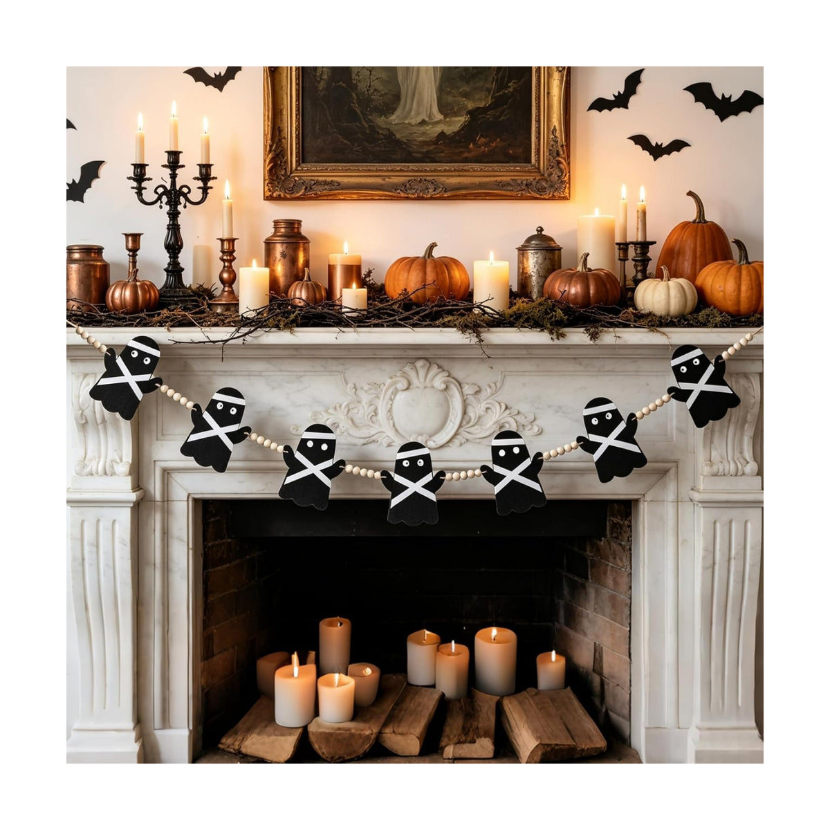 GreenD Halloween Garland Ghost Garland Banner Cute Handmade Black Felt Wood Beads Adjustable Hanging 9.84FT Fireplace Wall Table Window Indoor Outdoor Home Party Decor Supplies
