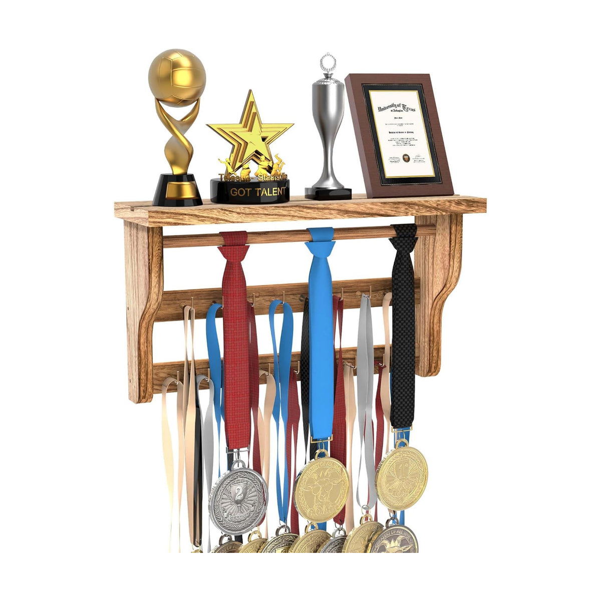 Medal Hanger Display, Large Capacity Trophy and Medal Display Shelf | Natural Solid Wood, Anti-Slip Groove, Widening