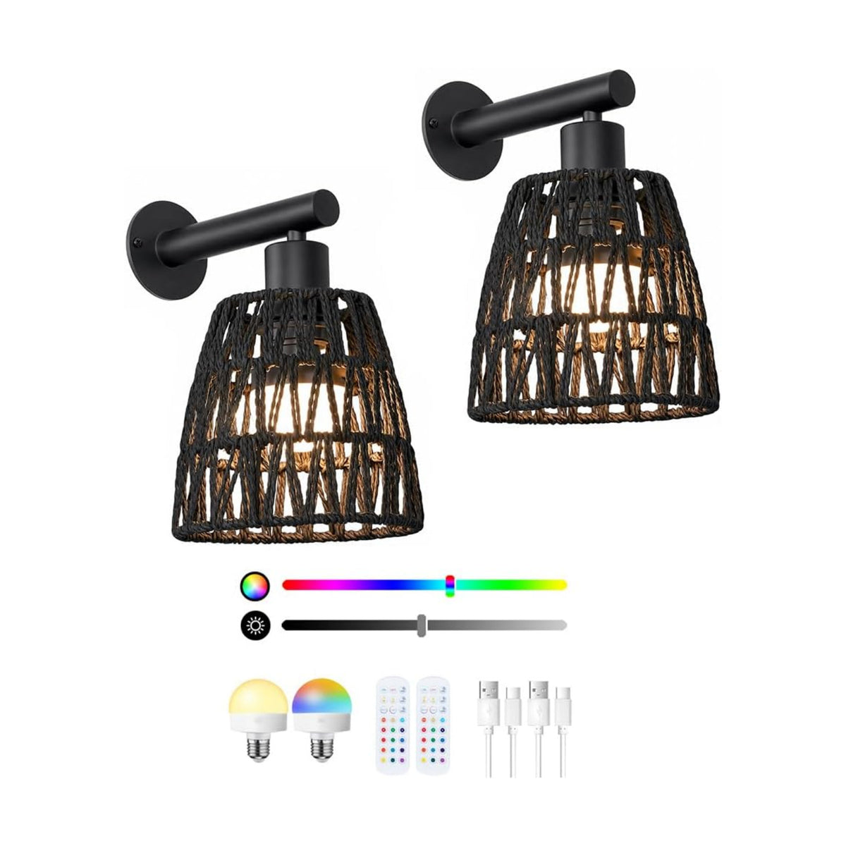 Black Battery Operated Wall Sconces Set of 2, Rattan Wall Sconces with Remote, RGB 15 Colors Dimmable Rechargeable Wall