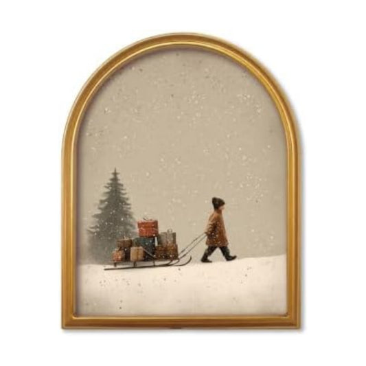 TwoDays Vintage Christmas Sled 11" x 13.8" Gold Arched Framed Wall Art