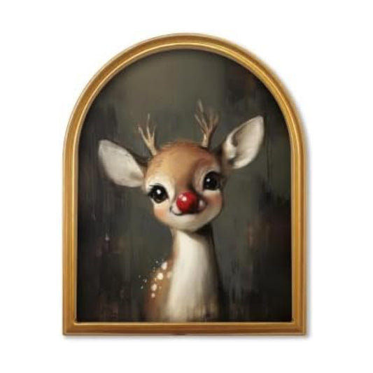 TwoDays Vintage Christmas Reindeer 11" x 13.8" Gold Arched Framed Wall Art