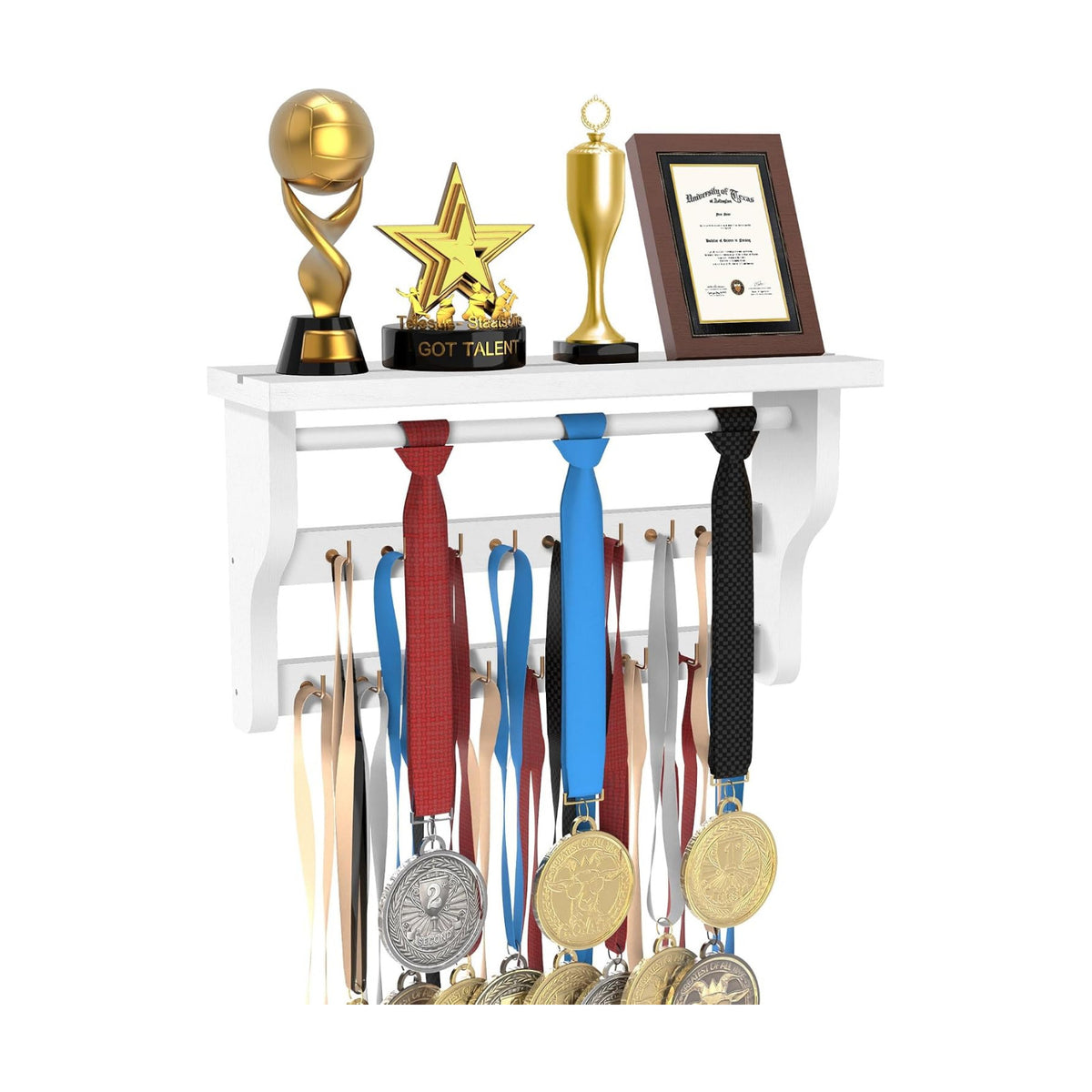 Medal Hanger Display, Large Capacity Trophy and Medal Display Shelf | Natural Solid Wood, Anti-Slip Groove, Widening