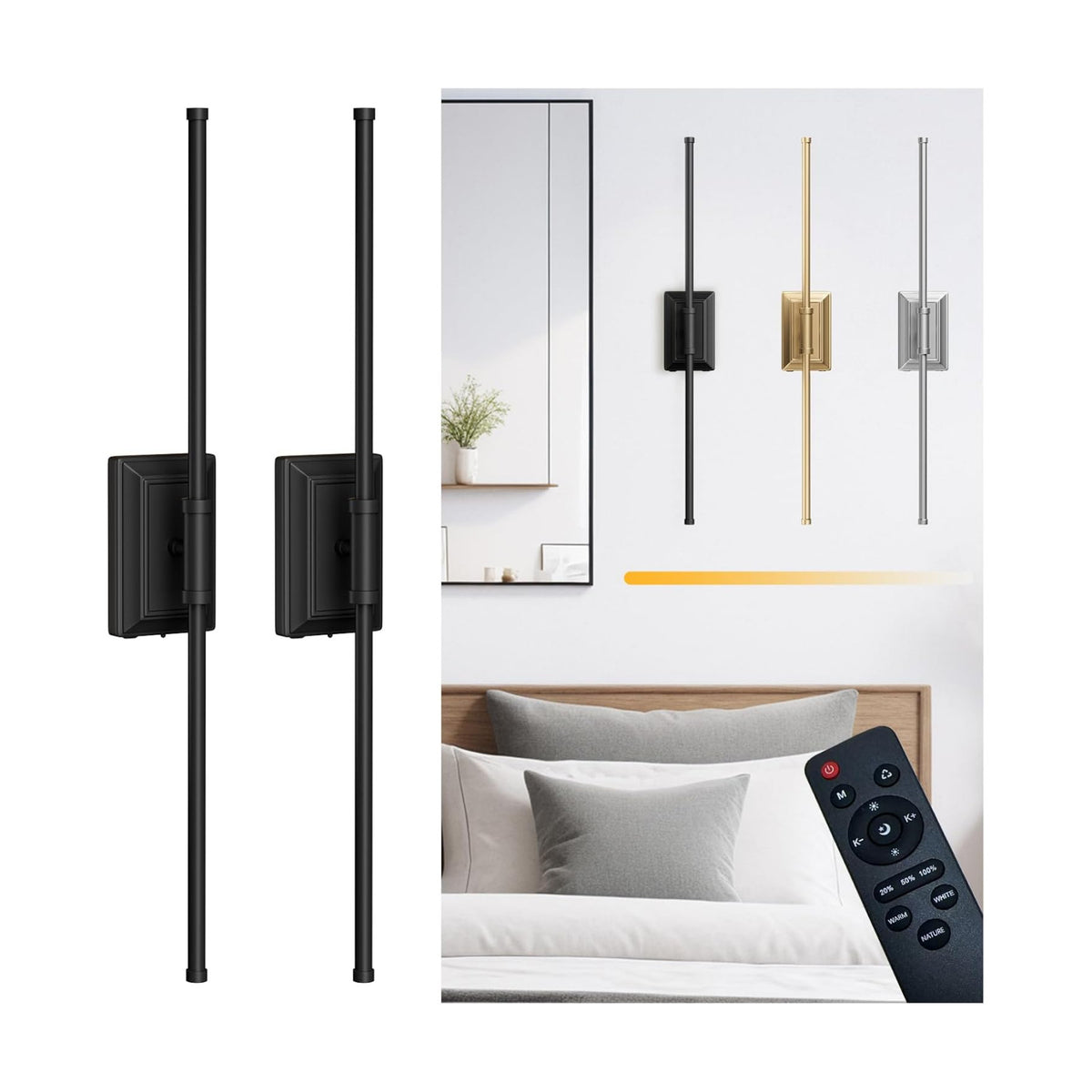 Battery Operated Wireless Wall Sconce - Rechargeable Led Sconces Set of two | Modern in Black Gold Silver - Bedroom