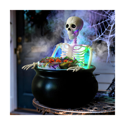 HOMELEX Halloween Cauldron Candy Bowl with Skeleton, LED Mist Maker Decor for Porch Party Table