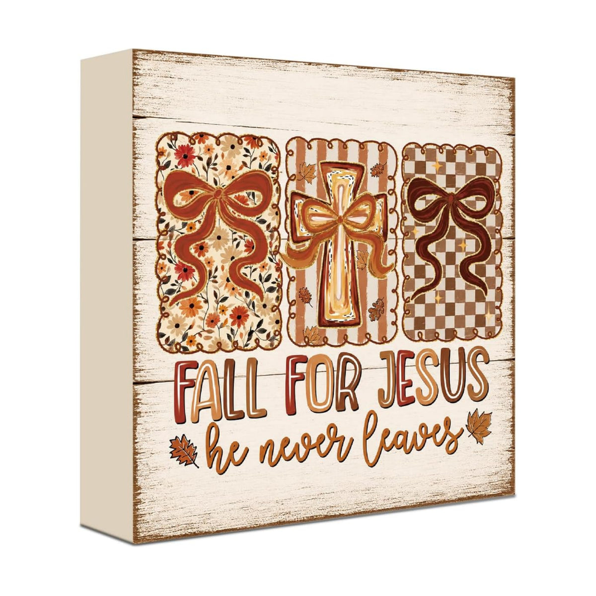 Fall For Jesus He Never Leaves Sign | Christian Triptych Bow Decor