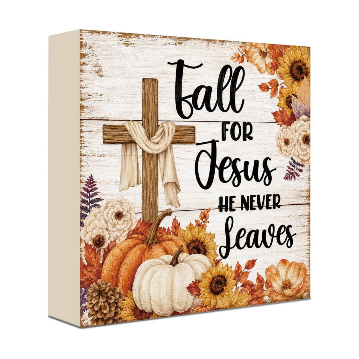 Fall For Jesus He Never Leaves Sign | Floral Cross Pumpkin Decor