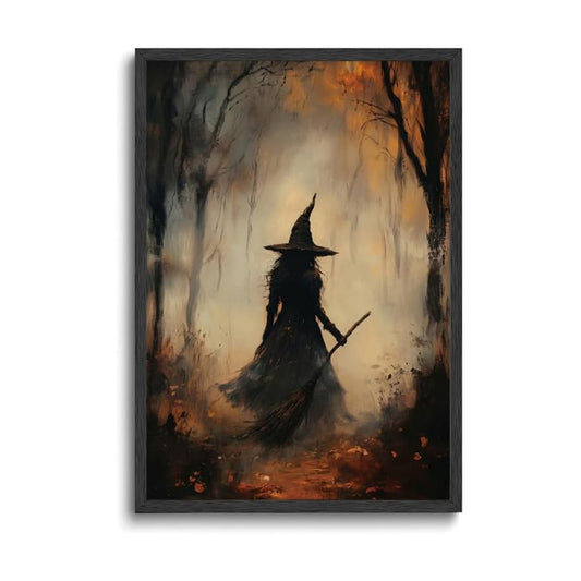 ILLBDR Halloween Witch with Broomstick Canvas Wall Art Poster 12x16 inch