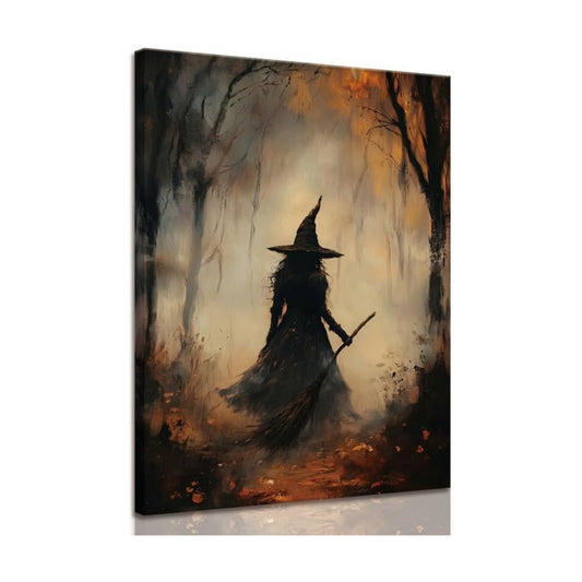 ILLBDR Halloween Witch with Broomstick Canvas Wall Art 16x24 inch