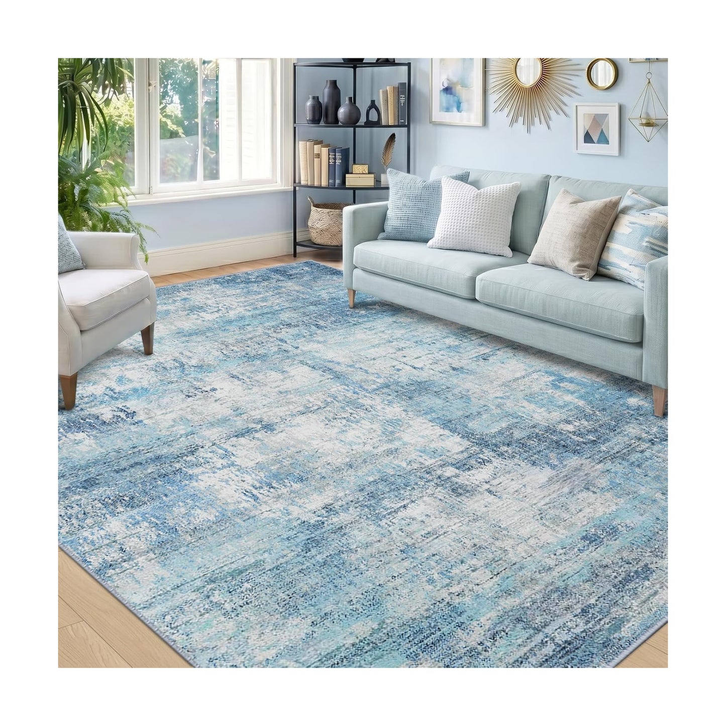 RELEANY Washable 5'x7' Abstract Area Rug for Living Room Teal Blue