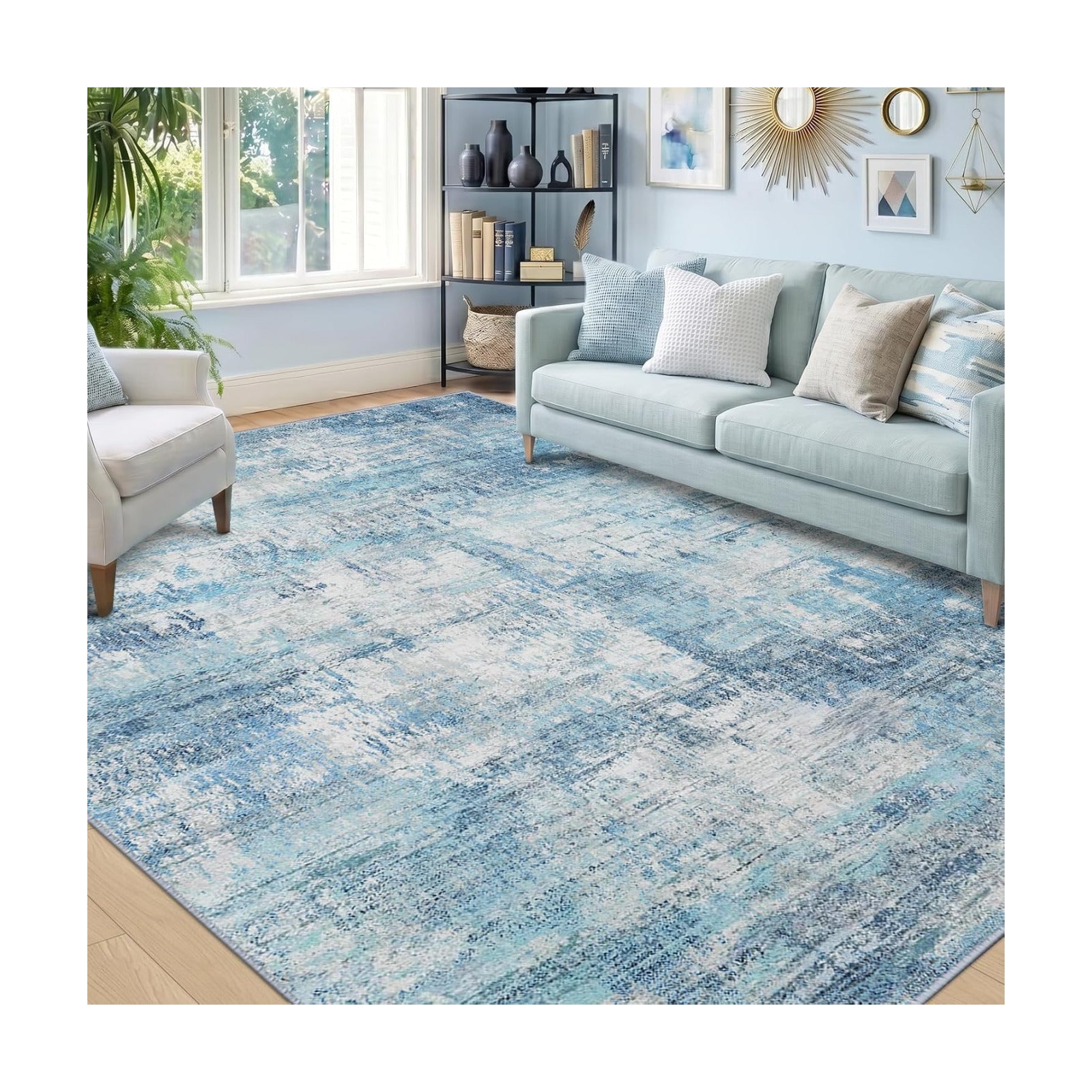 RELEANY Washable 5'x7' Abstract Area Rug for Living Room Teal Blue