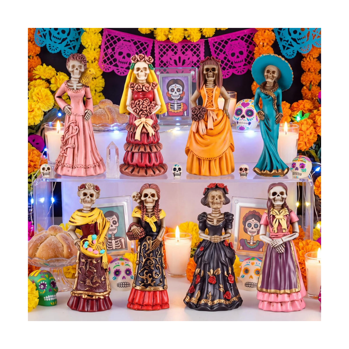 Simgoing 8 Pcs Day of The Dead Figurine Catrina Statue Altar Decoration