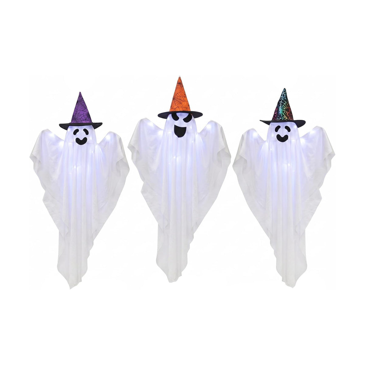 3 Packs Halloween Decorations Outdoor - BCLGSHINE Lighted Hanging Ghost Decorations with Hats & 45 LEDs, 36 Inch Halloween-Ghost Lights for Porches, Party, Yards, Gardens, Lawn